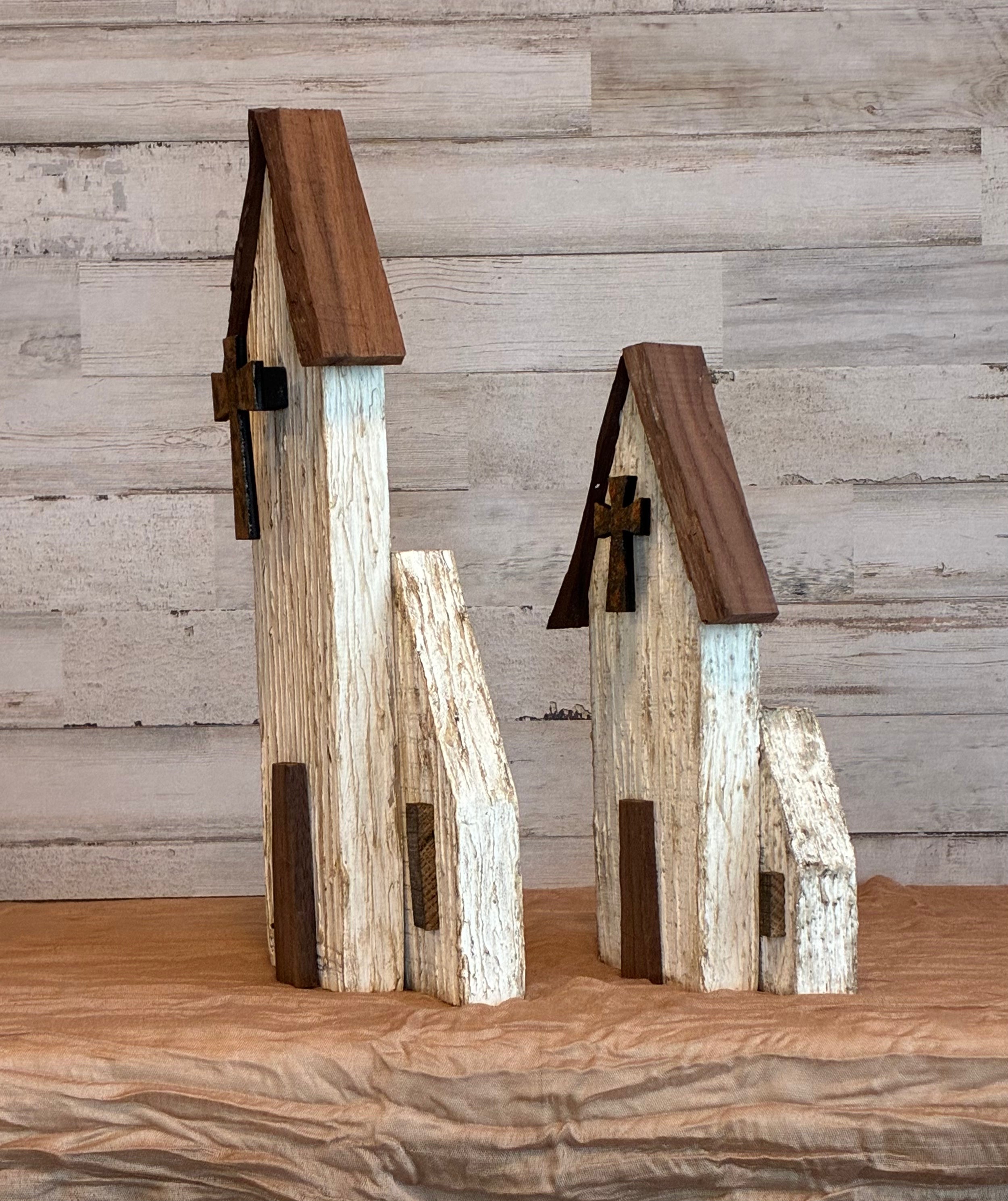 Rustic Wooden Church Shelf Sitter – Joint Compound Texture & Rusty Cross