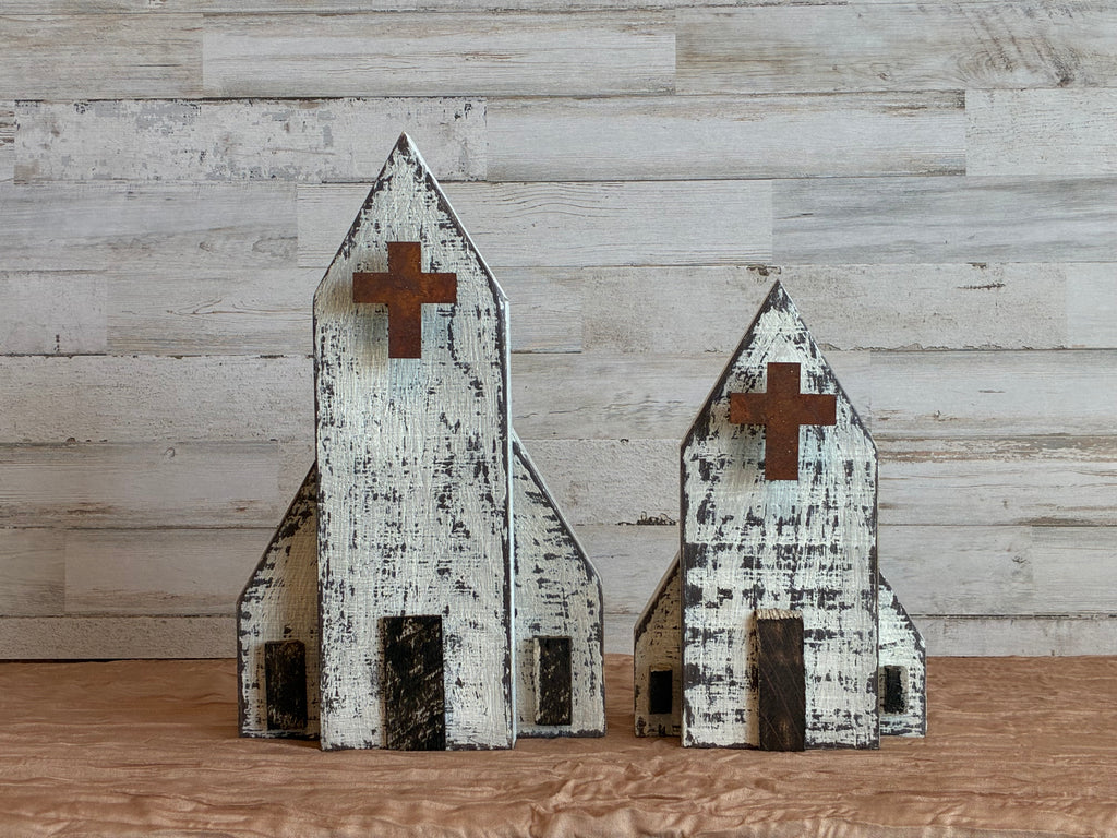 Rustic Wooden Church Shelf Sitter - Farmhouse Faith Decor