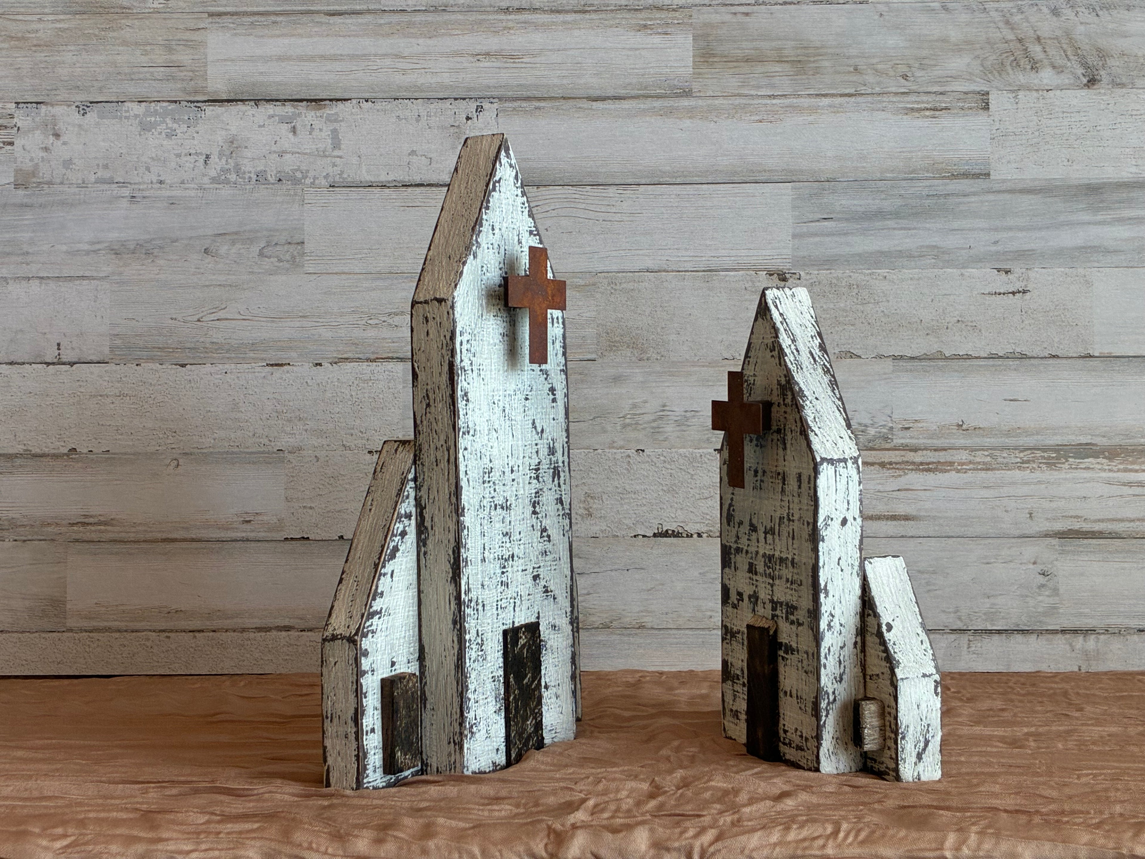 Rustic Wooden Church Shelf Sitter - Farmhouse Faith Decor