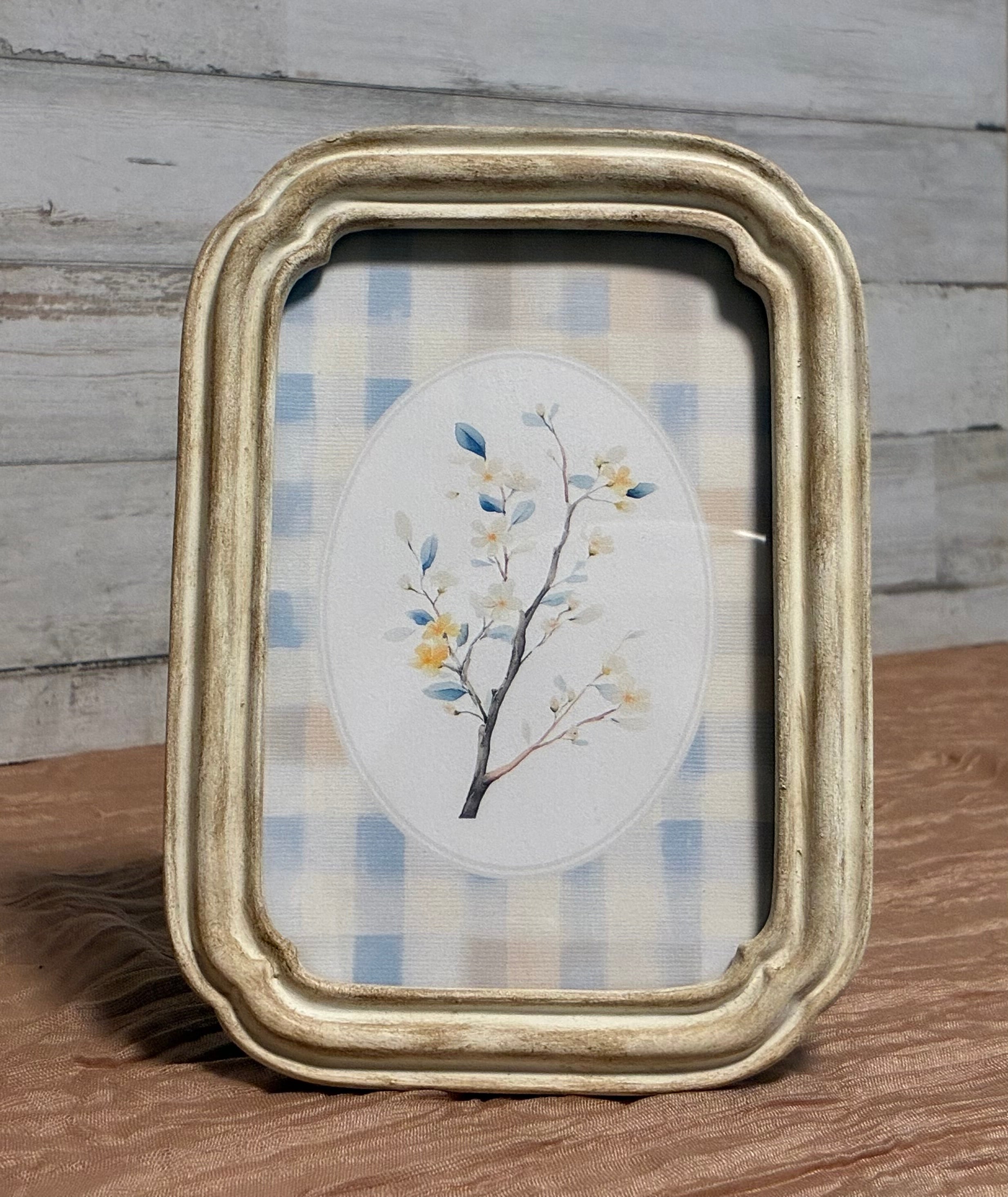 Botanical Branch Upcycled Frame Art Print – Cottagecore Gingham Decor
