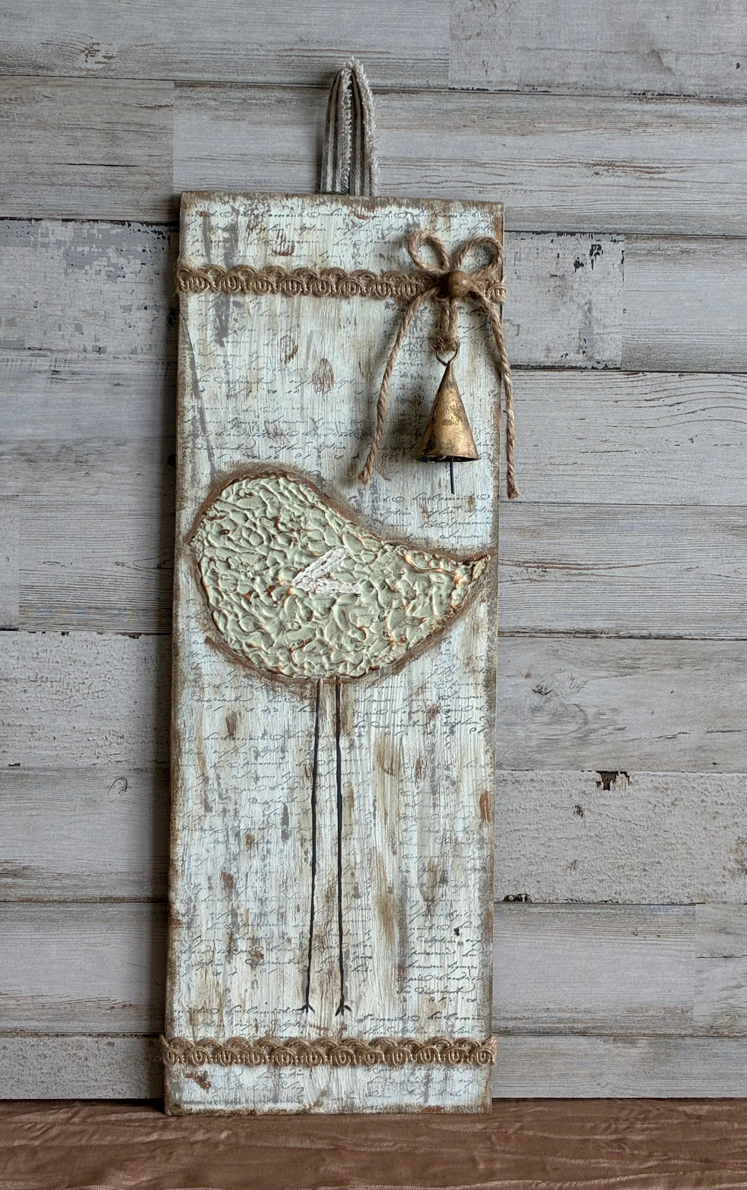 Rustic Bird Wall Hanger – Farmhouse Cottagecore Wood Sign with Bell