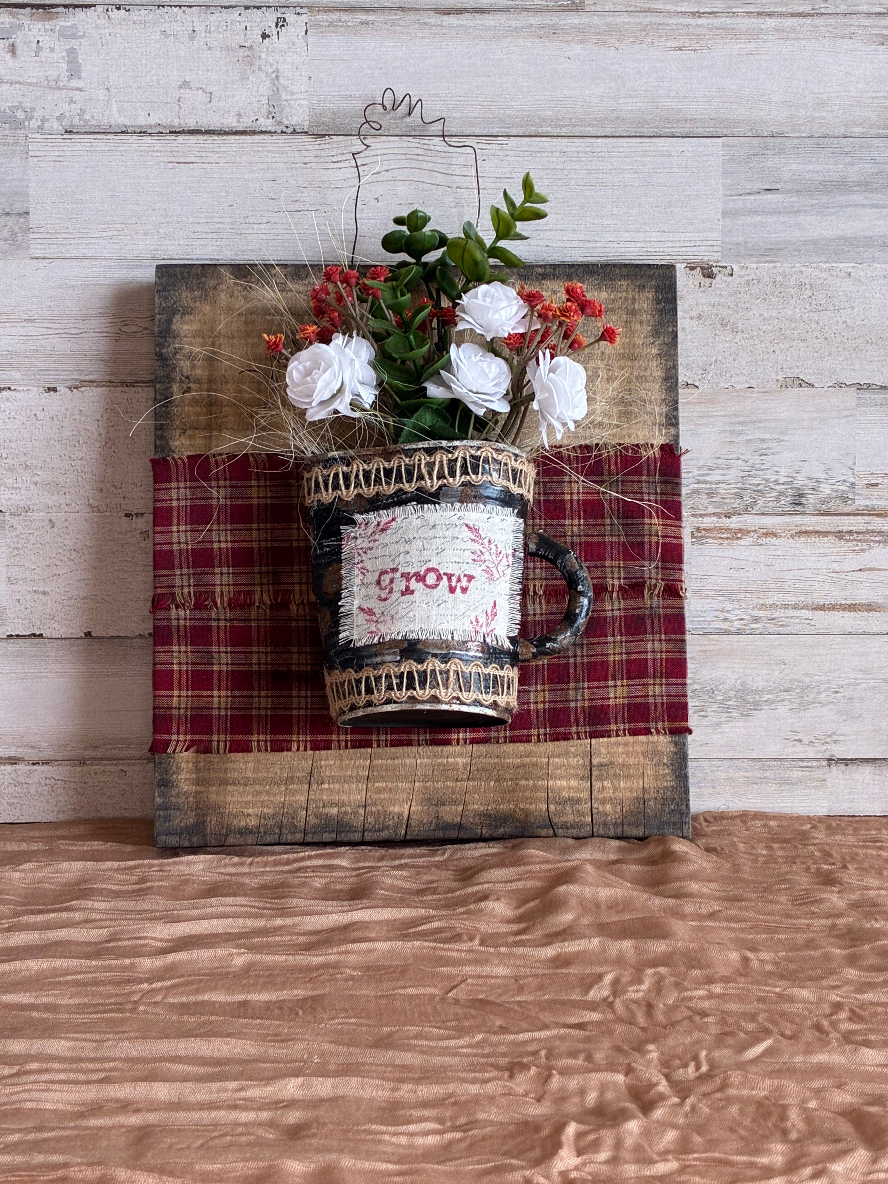Grow Floral Mug Wall Plaque – Rustic Farmhouse Cottagecore Decor