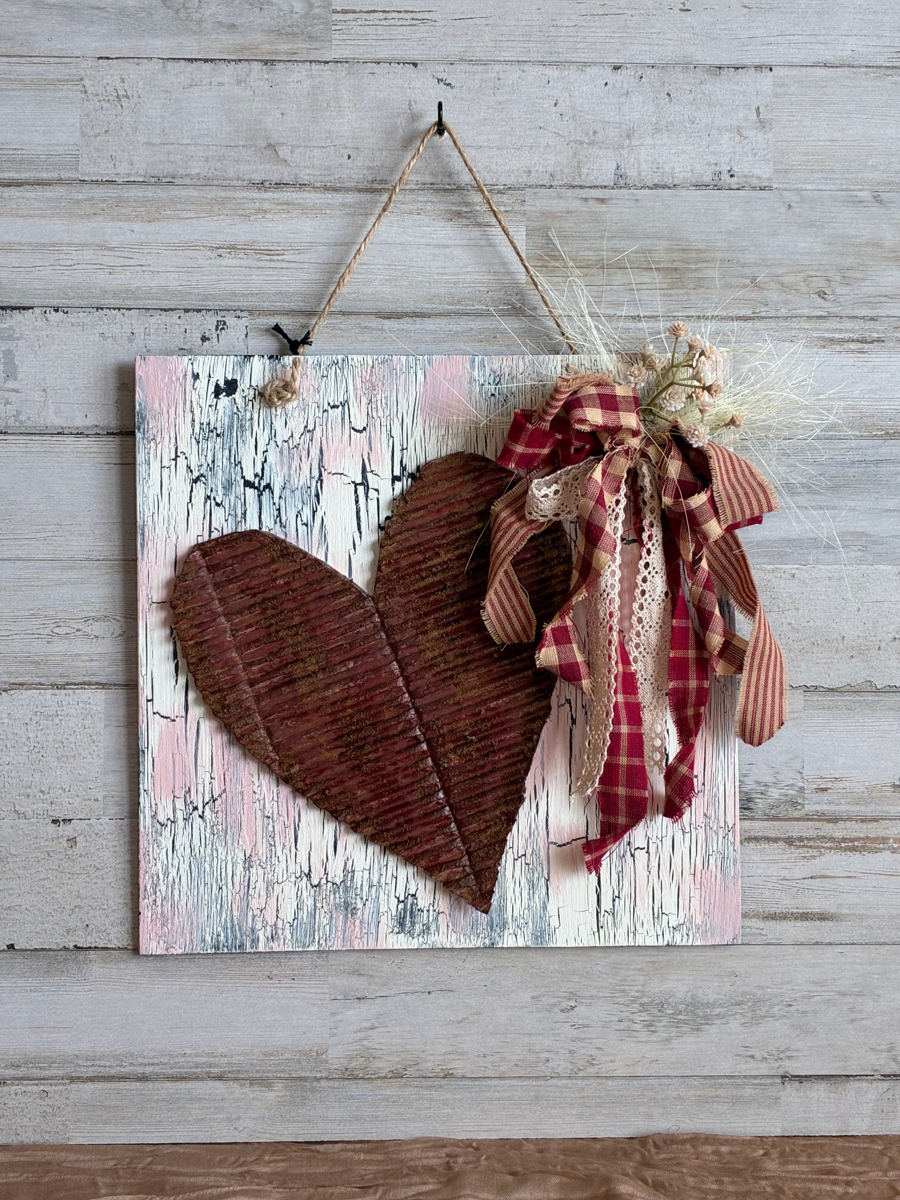 Rusty Heart Crackle Wood Wall Hanger – Farmhouse Cottagecore Decor