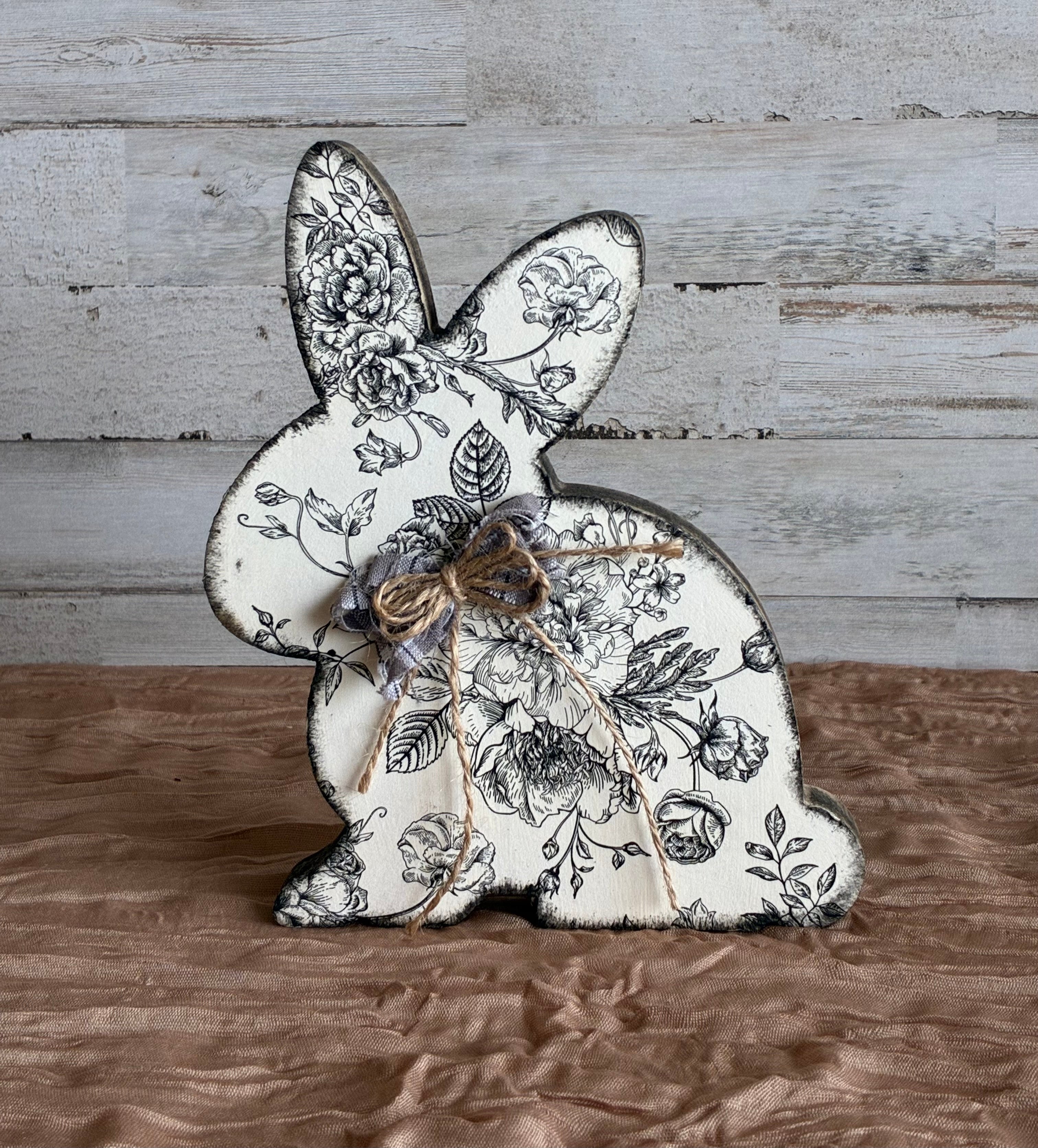Floral Toile Bunny Shelf Sitter – Farmhouse Easter Cottagecore Decor
