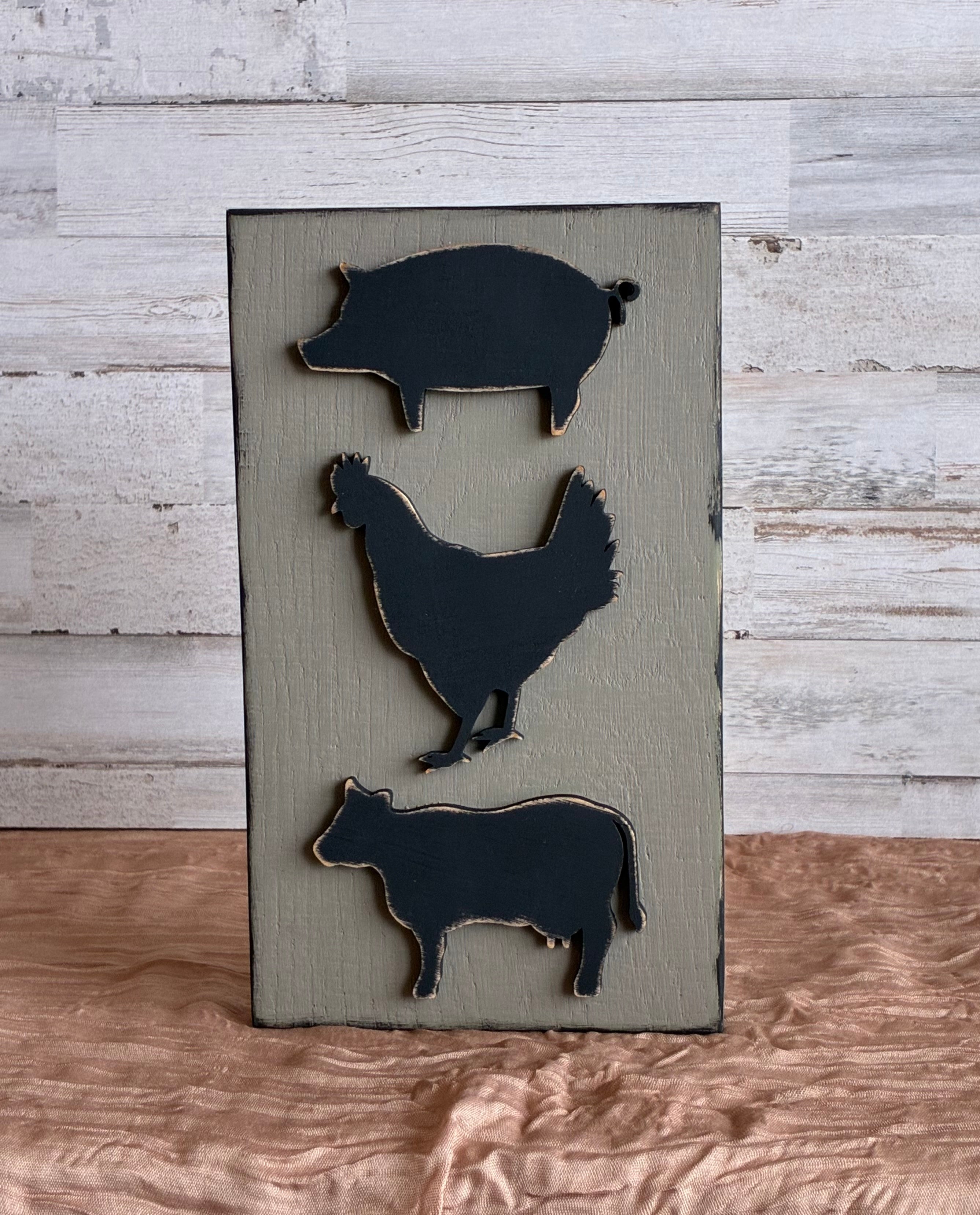 Farmhouse Animal Trio Block Shelf Sitter – Pig Chicken Cow Wood Cutout Decor