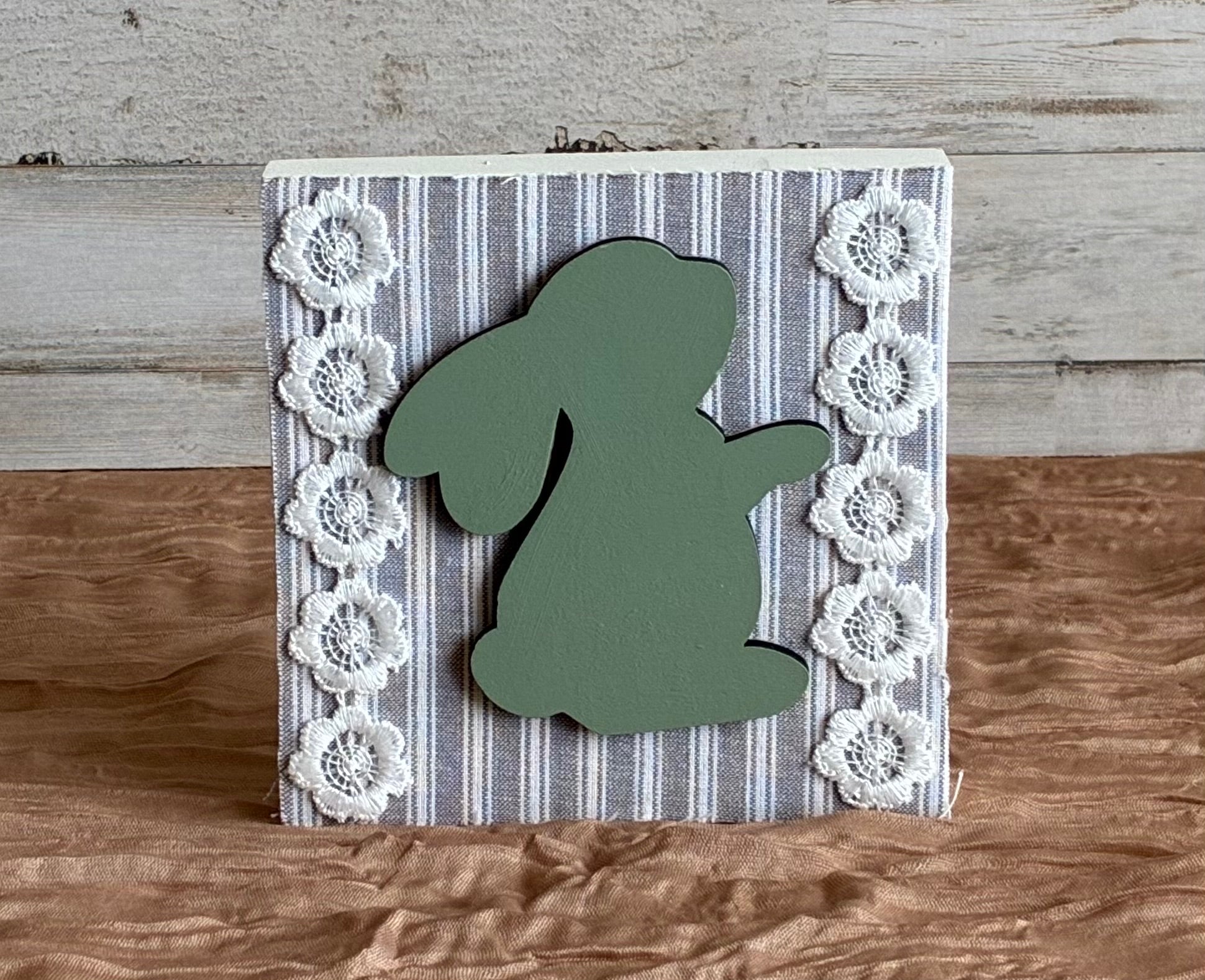 Sage Bunny Ticking Stripe Block Shelf Sitter – Cottagecore Nursery Decor
