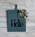 "Hello" Dusty Blue Wood Wall Hanger – Mixed Ribbon Bow