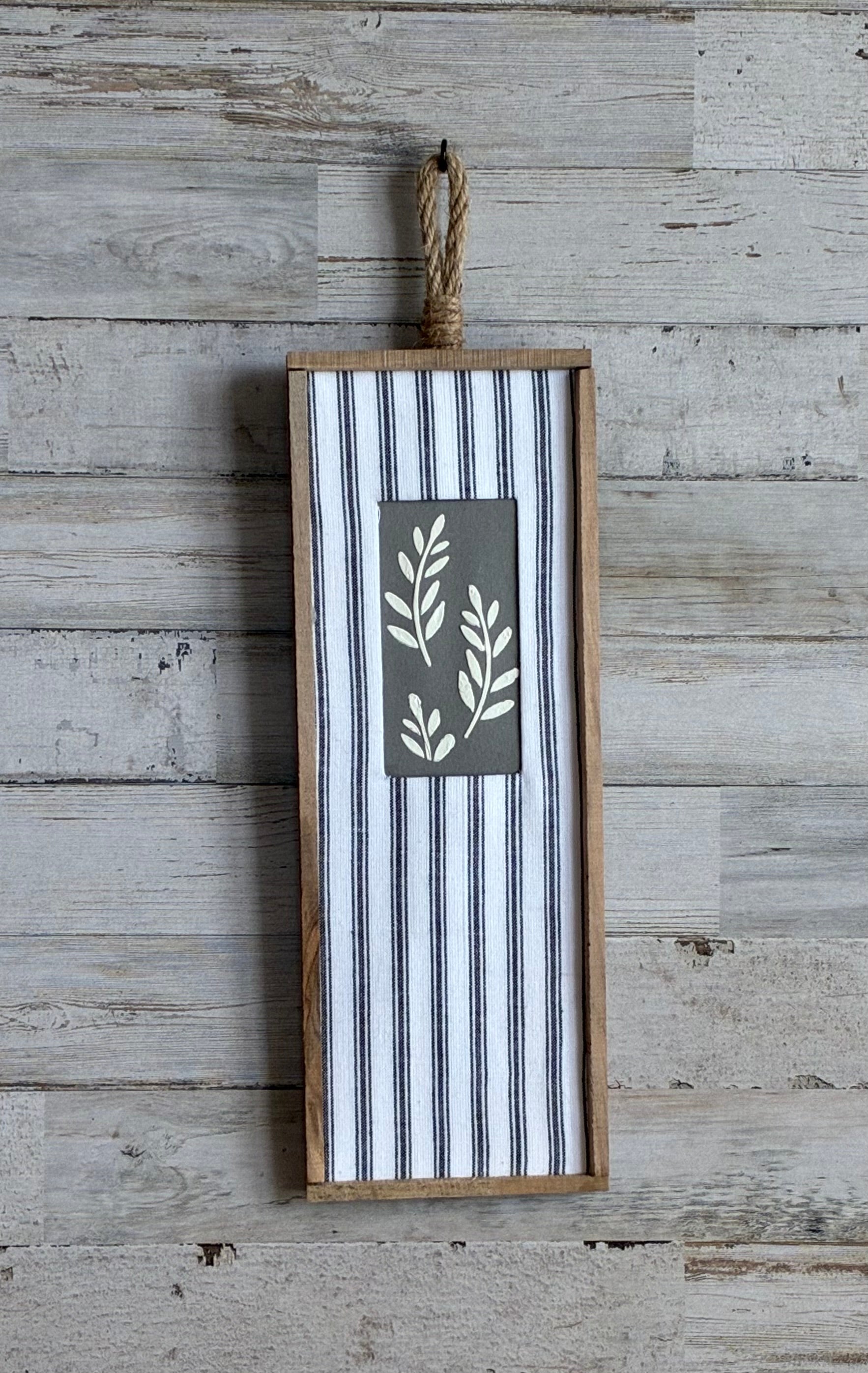 Ticking Stripe Botanical Wall Hanger – Raised Stencil on Raw Wood Frame