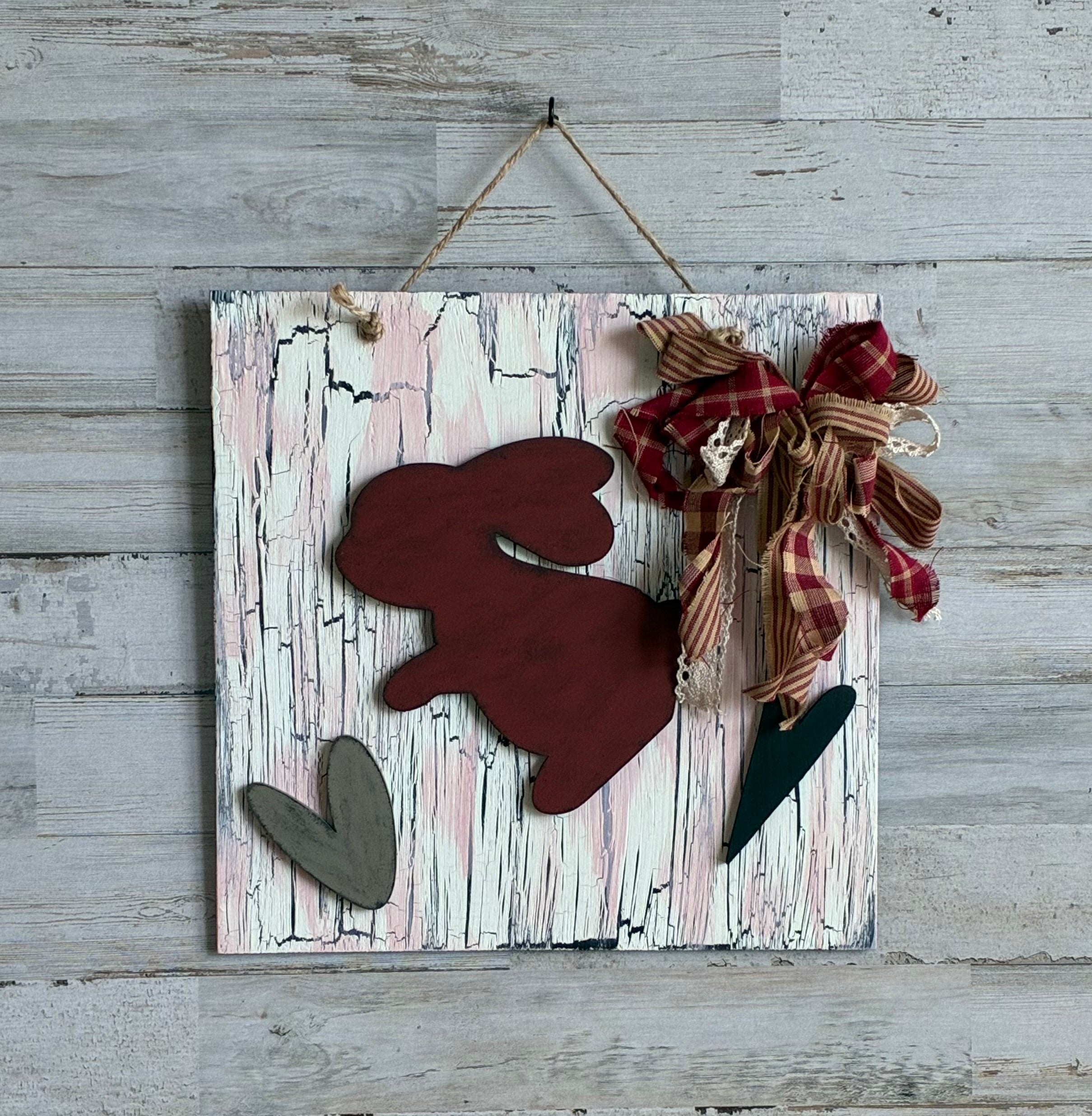 Crackle Wood Bunny Wall Hanger – Raised Wood Bunny & Hearts