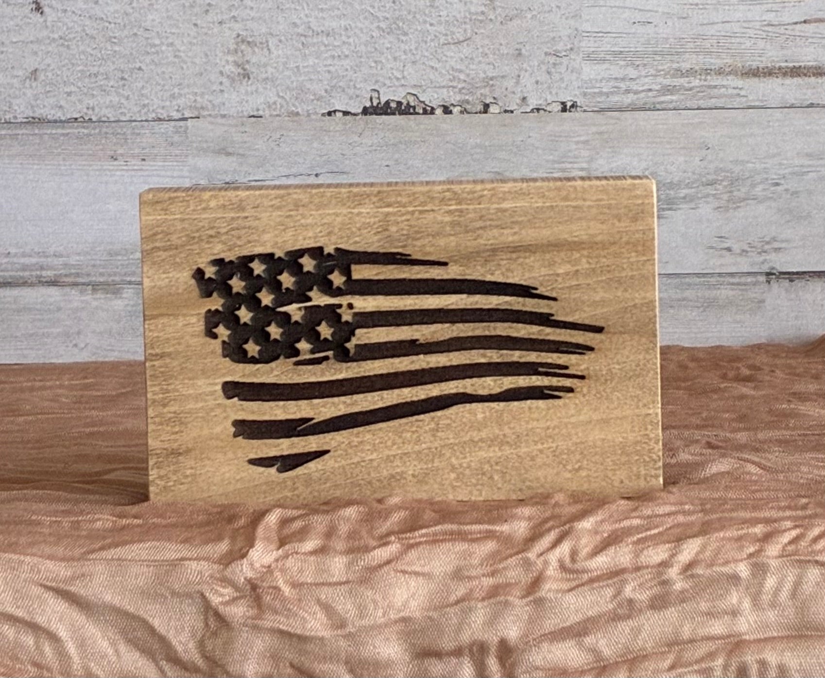 Tattered American Flag Laser Engraved Wood Block