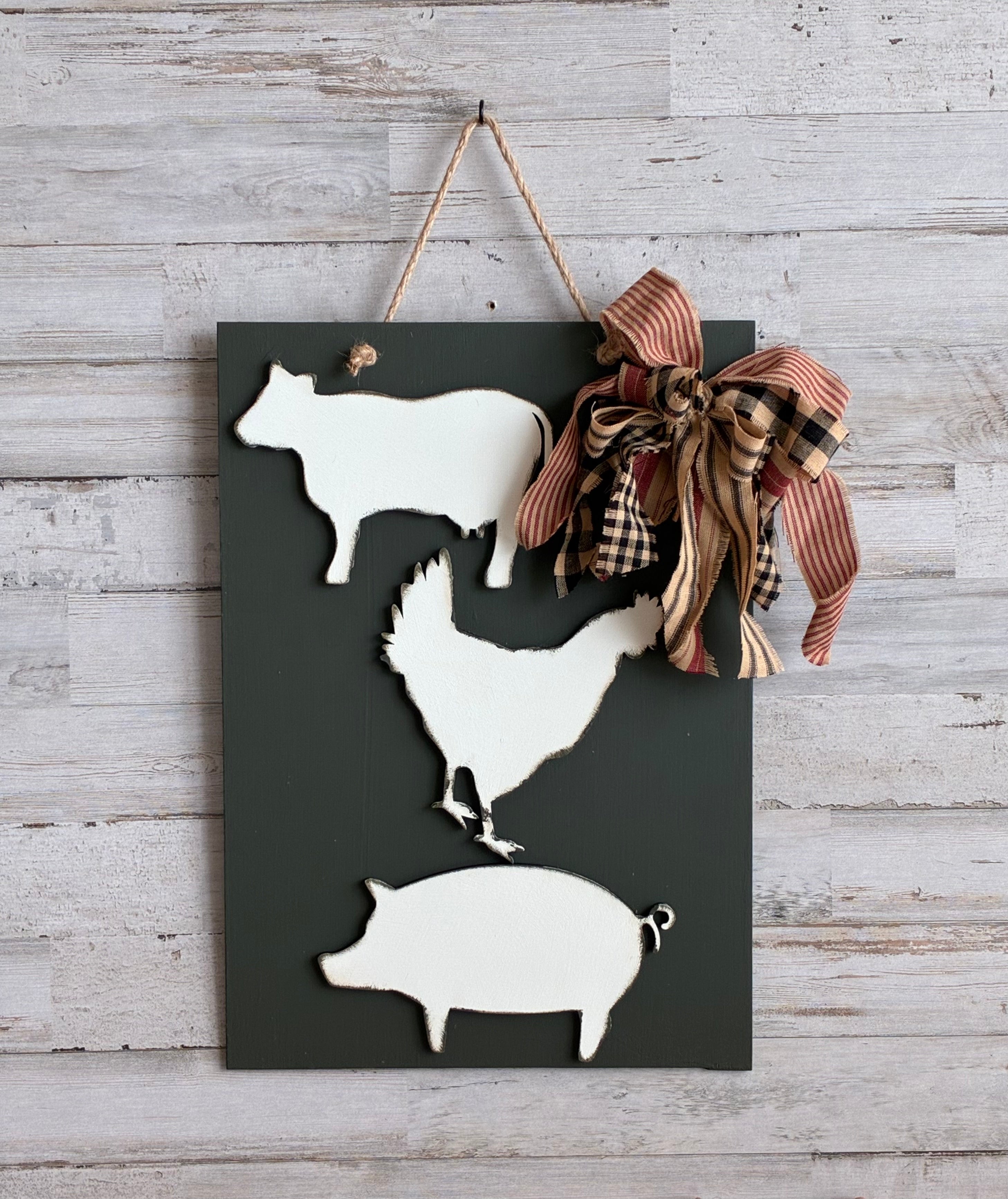 Farm Animal Wall Hanger – Laser Cut Wood Cow, Chicken & Pig on Dark Green Board
