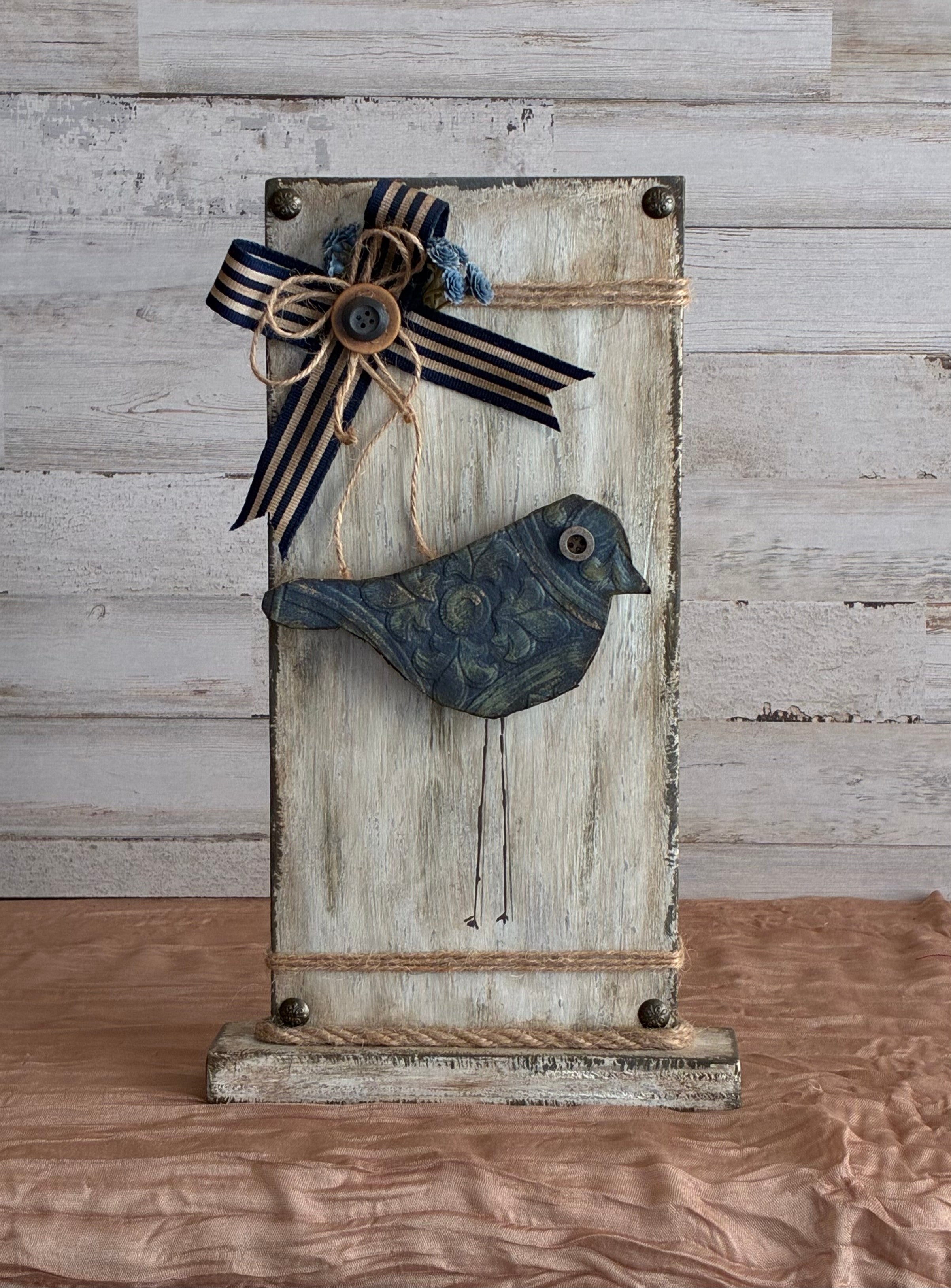 Textured Bird Shelf Sitter – Distressed Wood Frame with Ribbon Bow