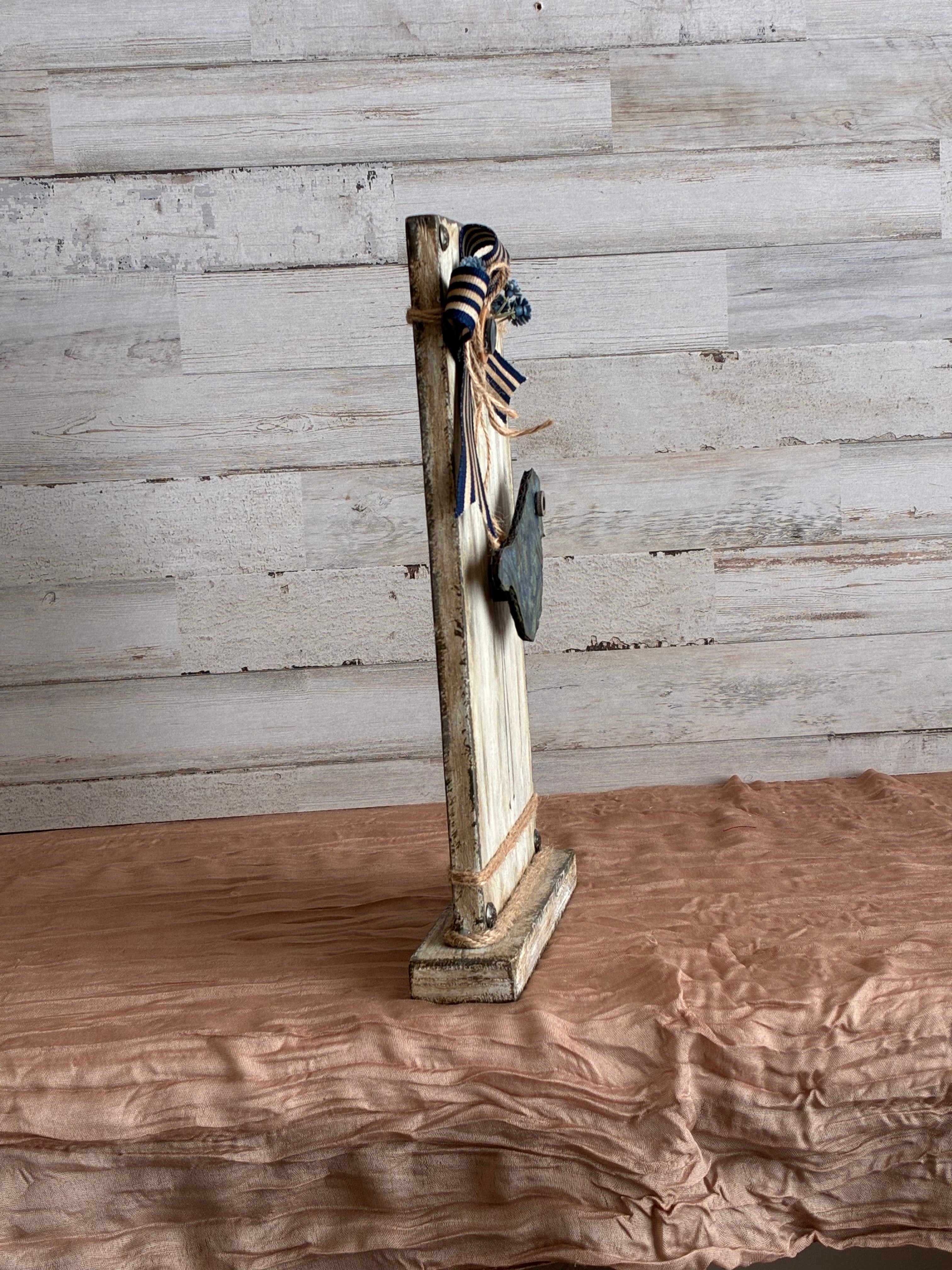 Textured Bird Shelf Sitter – Distressed Wood Frame with Ribbon Bow