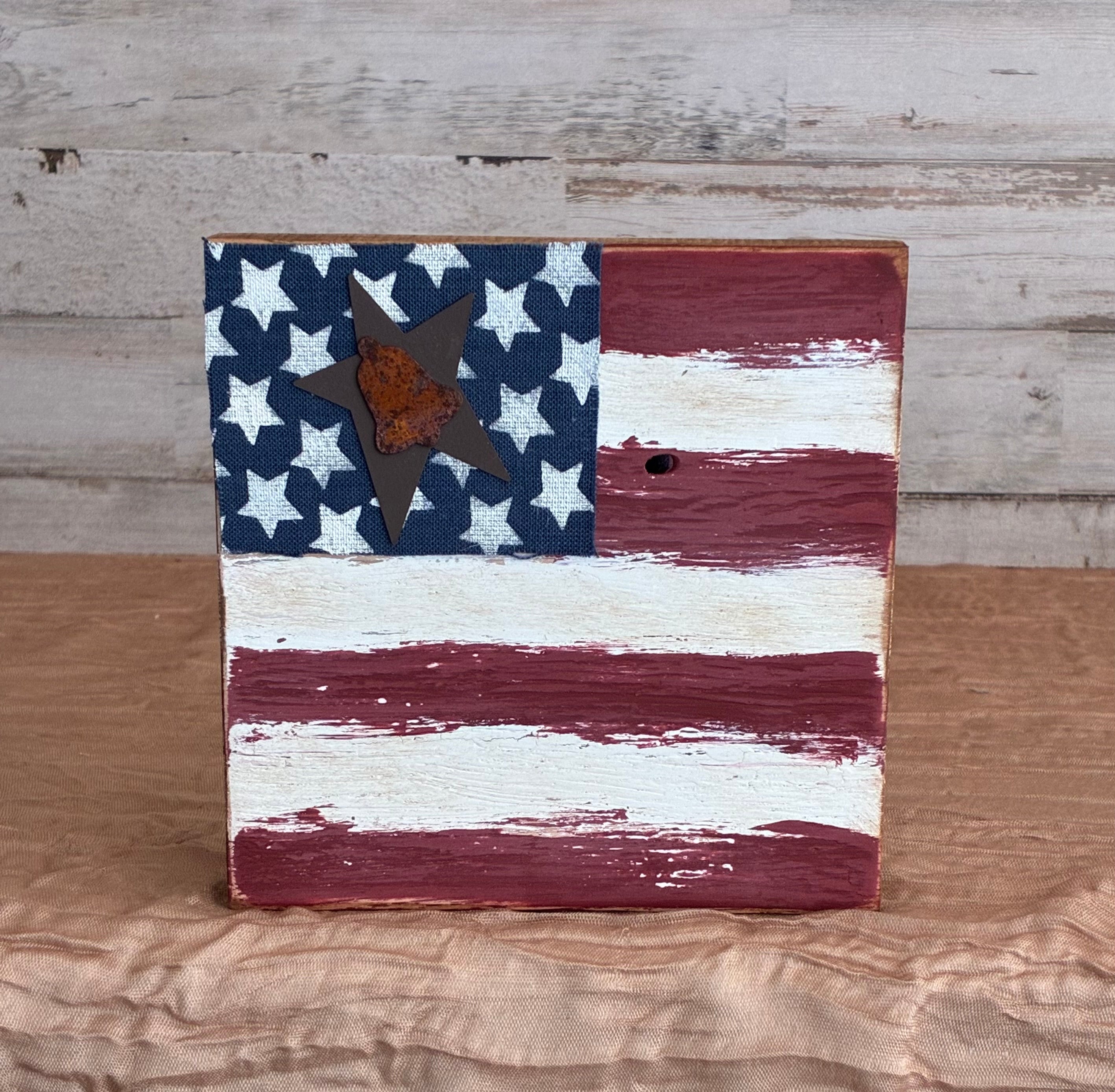 Patriotic American Flag Wood Shelf Sitter – Metal Star & Rustic Liberty Bell