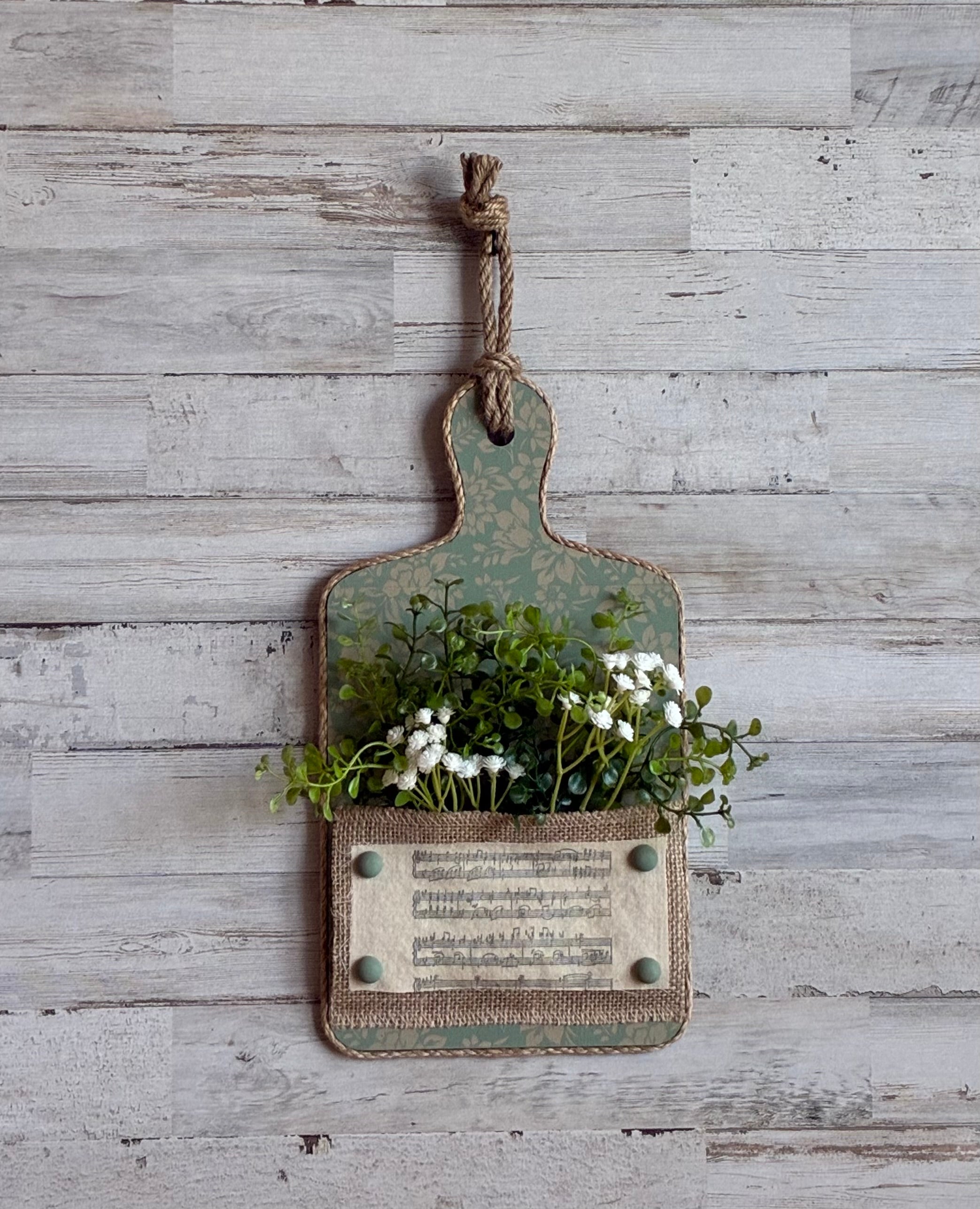 Floral Decorative Board Wall Hanger – Sheet Music, Burlap Pocket & Faux Greenery