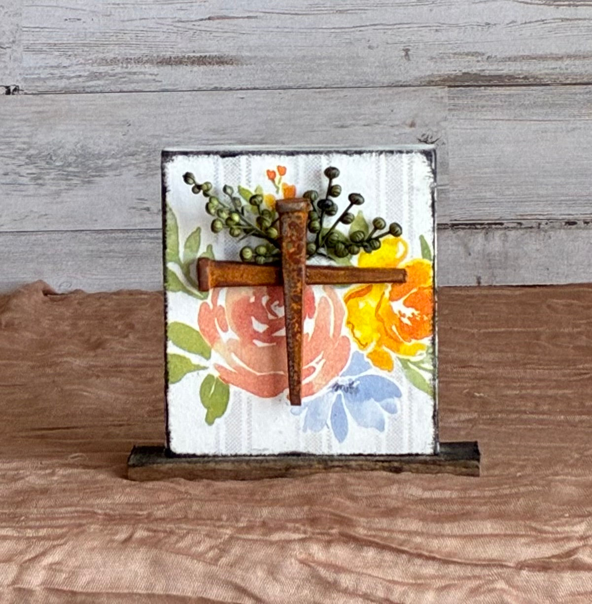 Rusty Nail Cross Shelf Sitter | Floral Decoupage Wood Sign