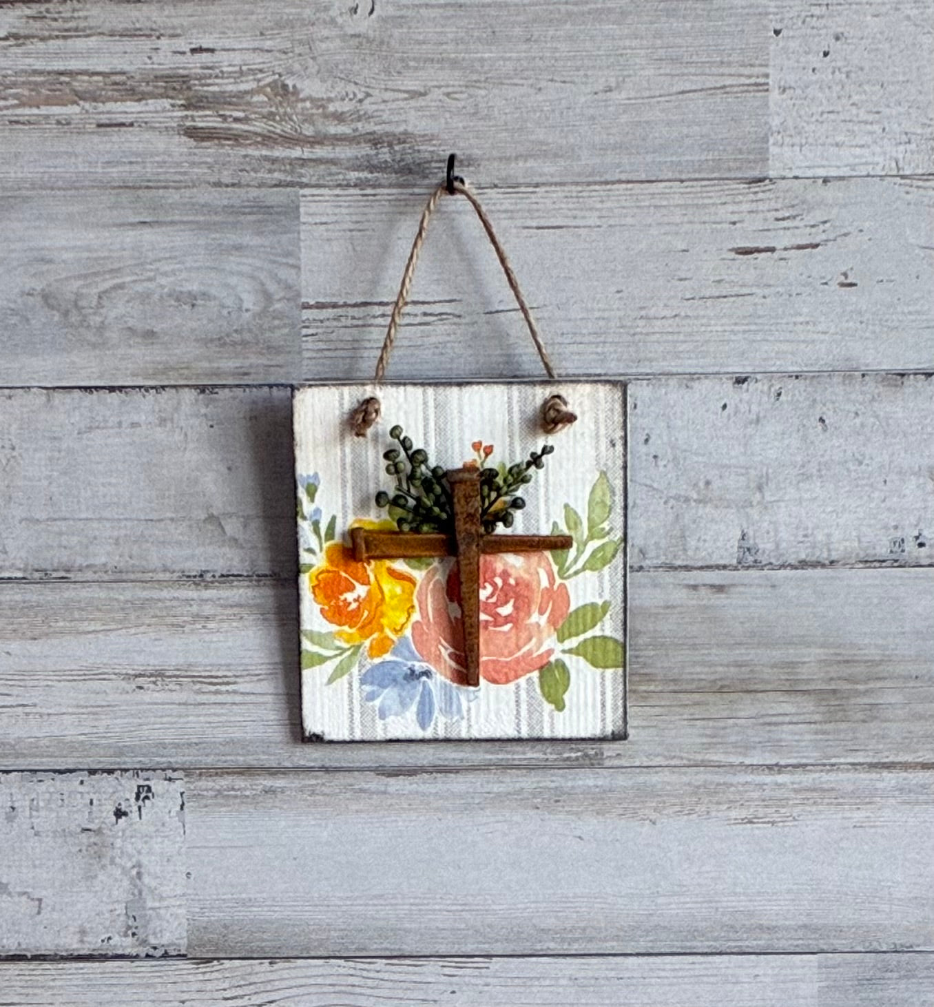 Rusty Nail Cross Wall Hanging | Floral Decoupage Wood Sign