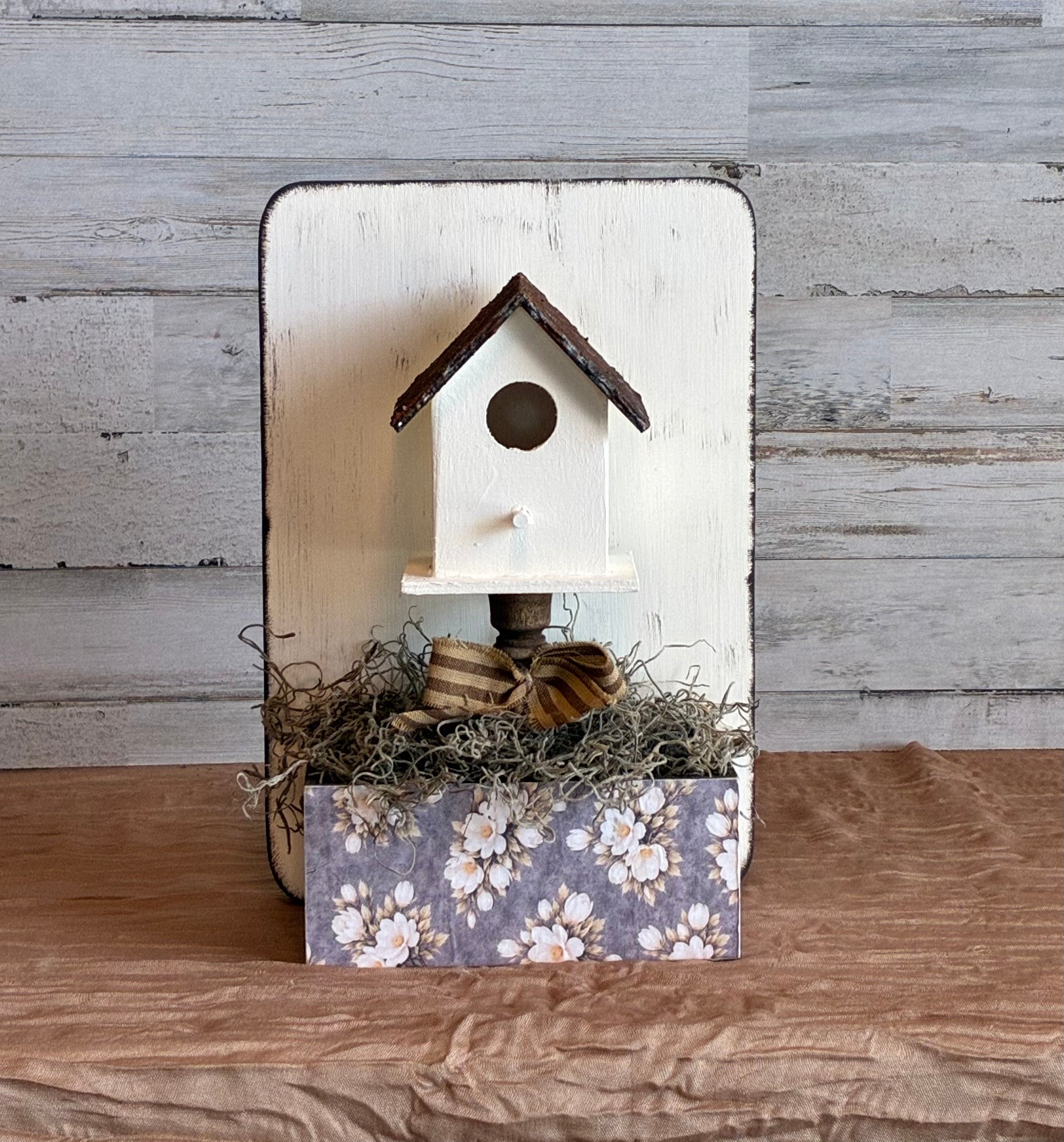 Birdhouse Shelf Sitter with Decoupage Floral Box
