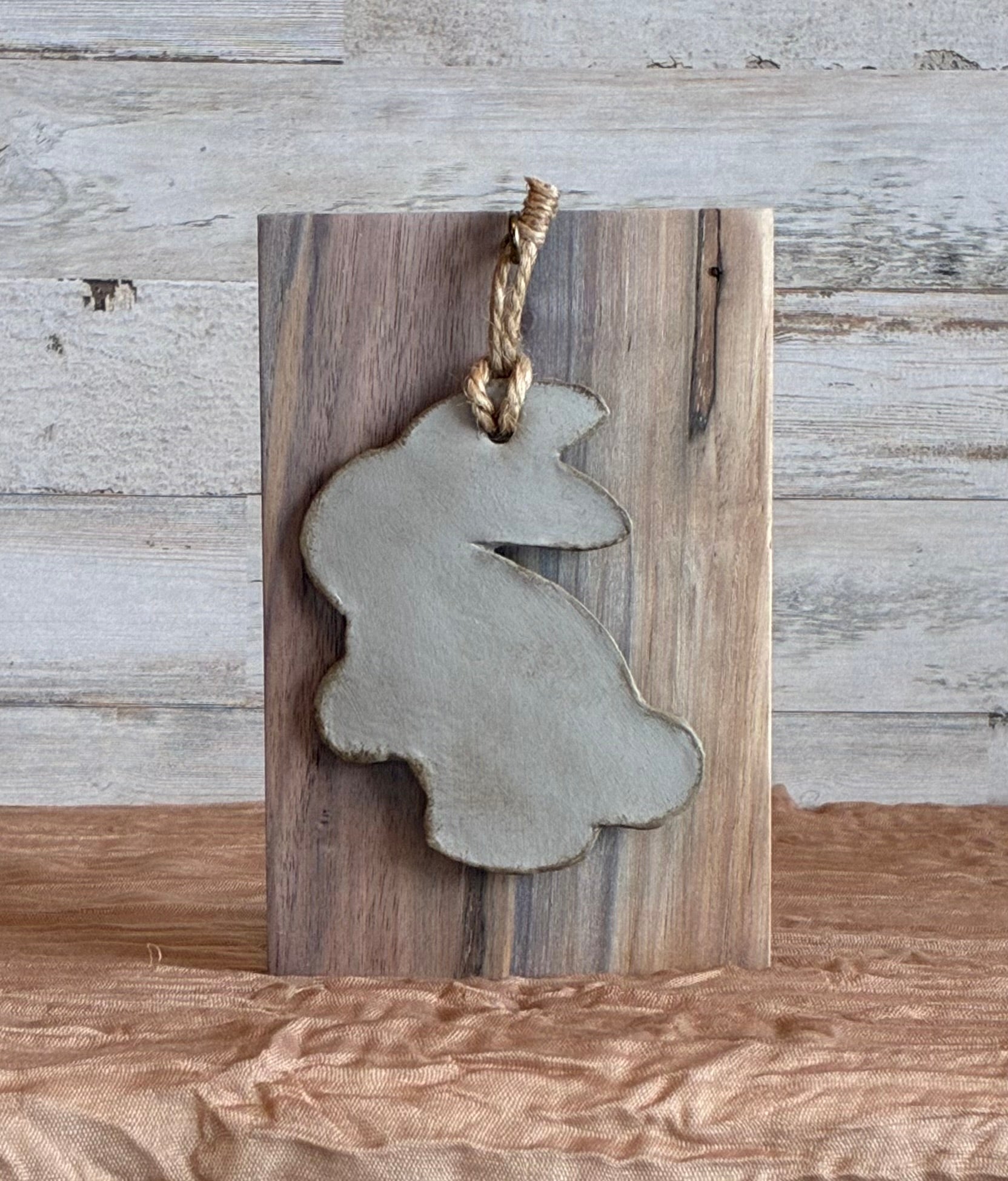 Large Gray Clay Bunny Shelf Sitter | Dangling Hook