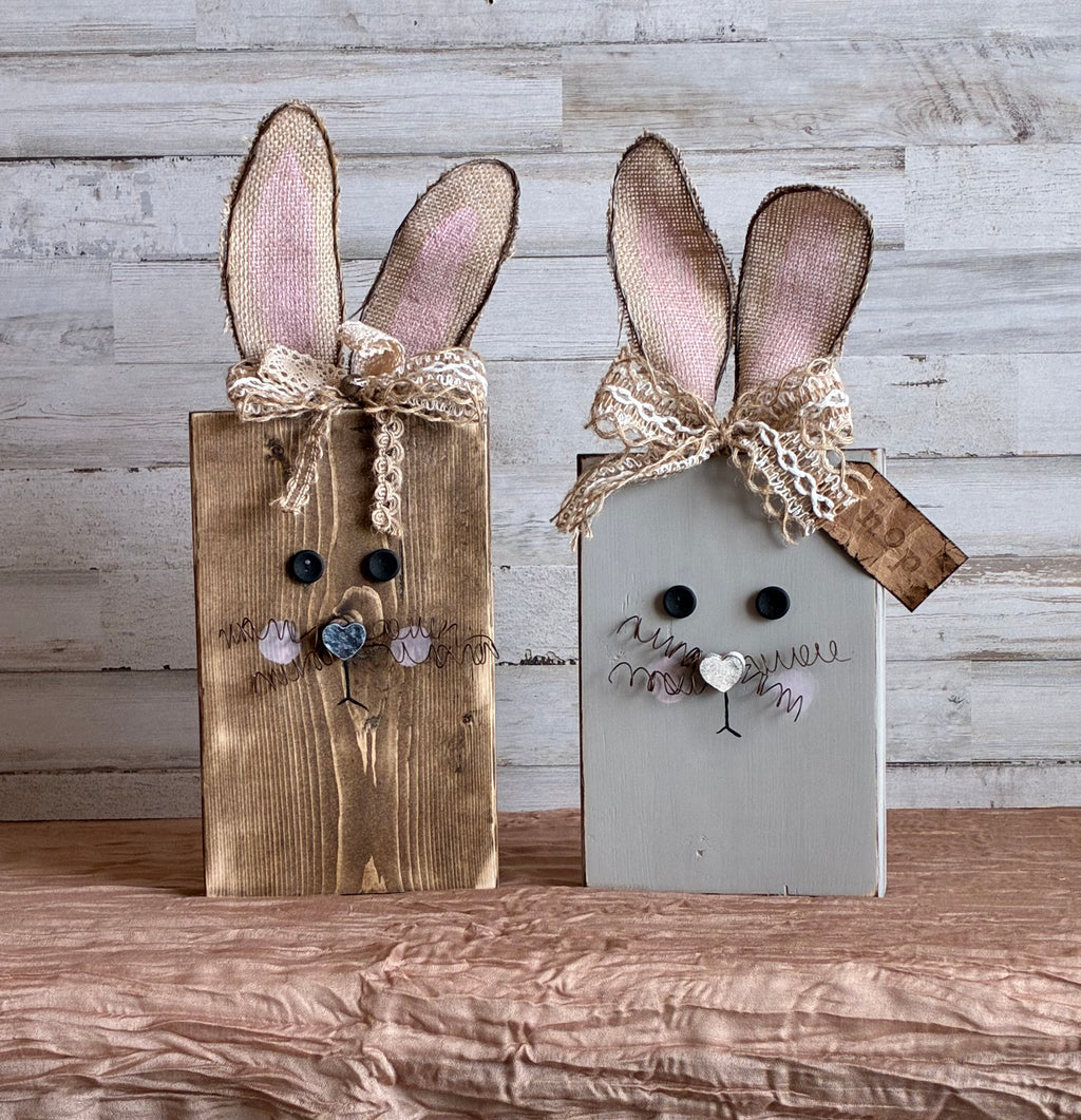 Rustic Wood Block Bunny Shelf Sitter | Burlap Ears | Farmhouse Easter Decor