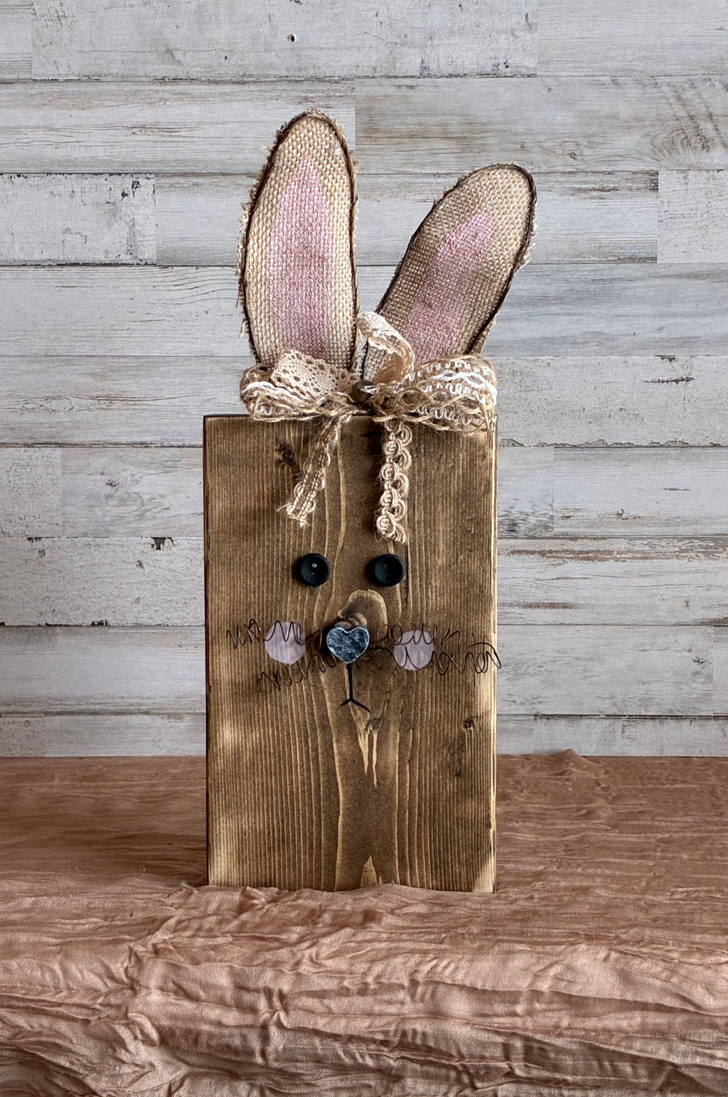 Rustic Wood Block Bunny Shelf Sitter | Burlap Ears | Farmhouse Easter Decor