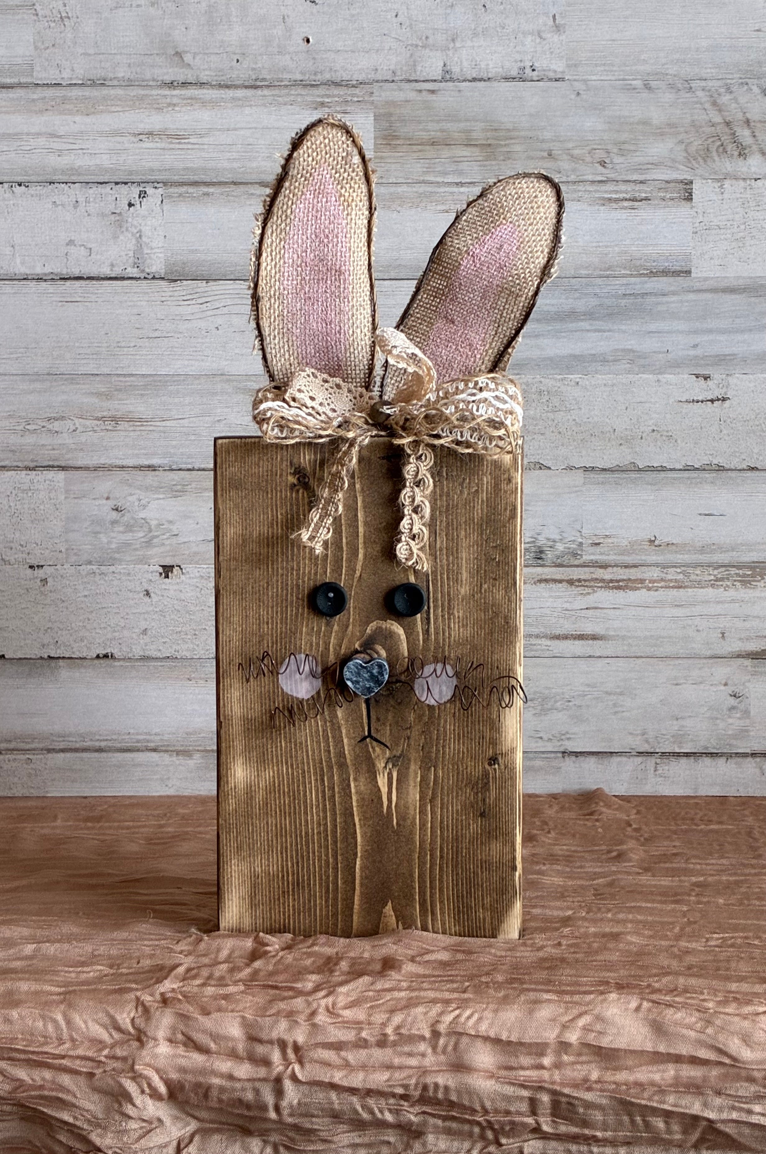 Rustic Wood Block Bunny Shelf Sitter | Burlap Ears | Farmhouse Easter Decor