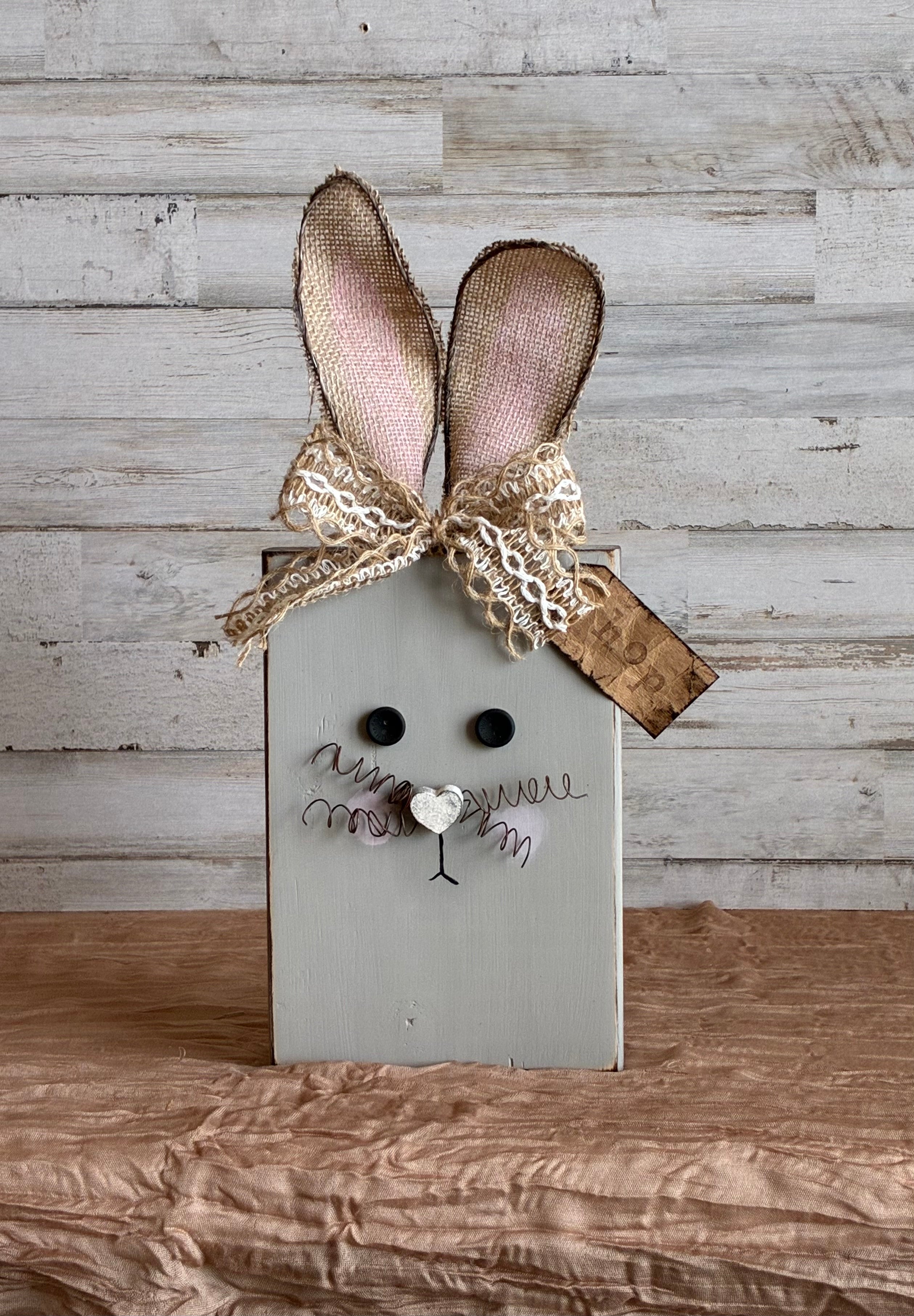 Rustic Wood Block Bunny Shelf Sitter | Burlap Ears | Farmhouse Easter Decor