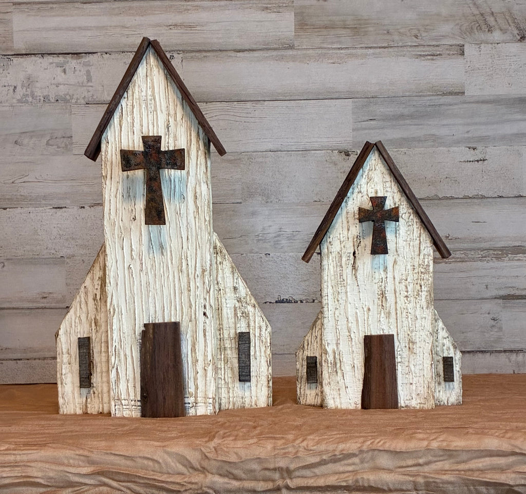 Rustic Wooden Church Shelf Sitter – Joint Compound Texture & Rusty Cross