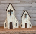 Rustic Wooden Church Shelf Sitter – Joint Compound Texture & Rusty Cross