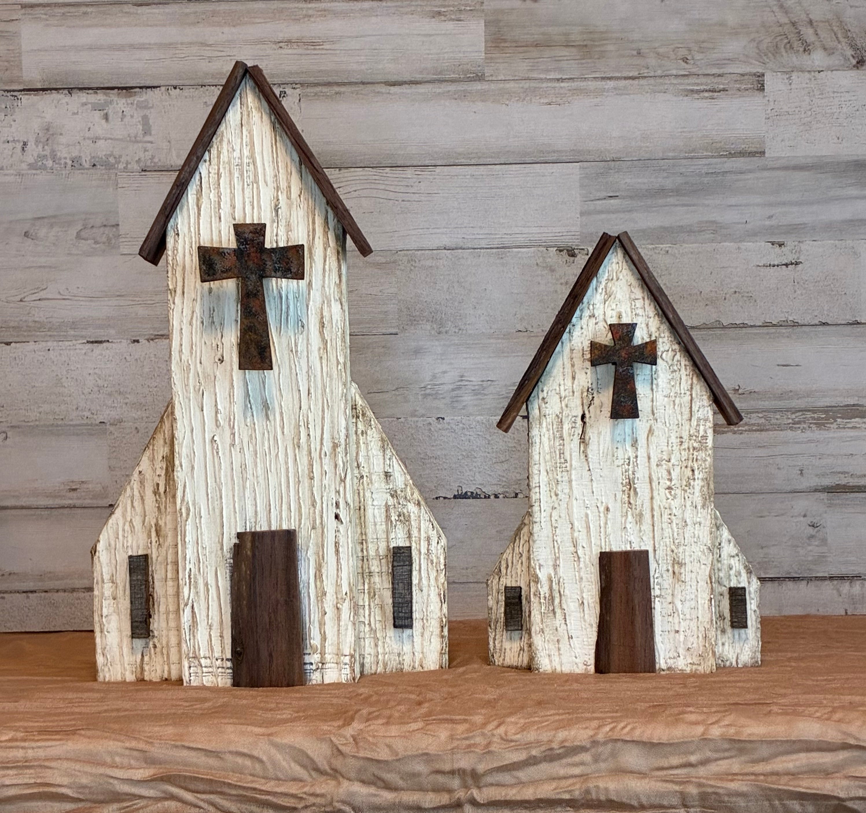 Rustic Wooden Church Shelf Sitter – Joint Compound Texture & Rusty Cross